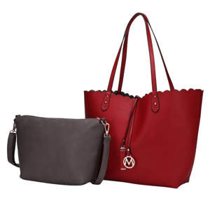 A red scalloped tote bag with dual handles and an attached ornament, paired with a smaller gray crossbody bag featuring a detachable strap.