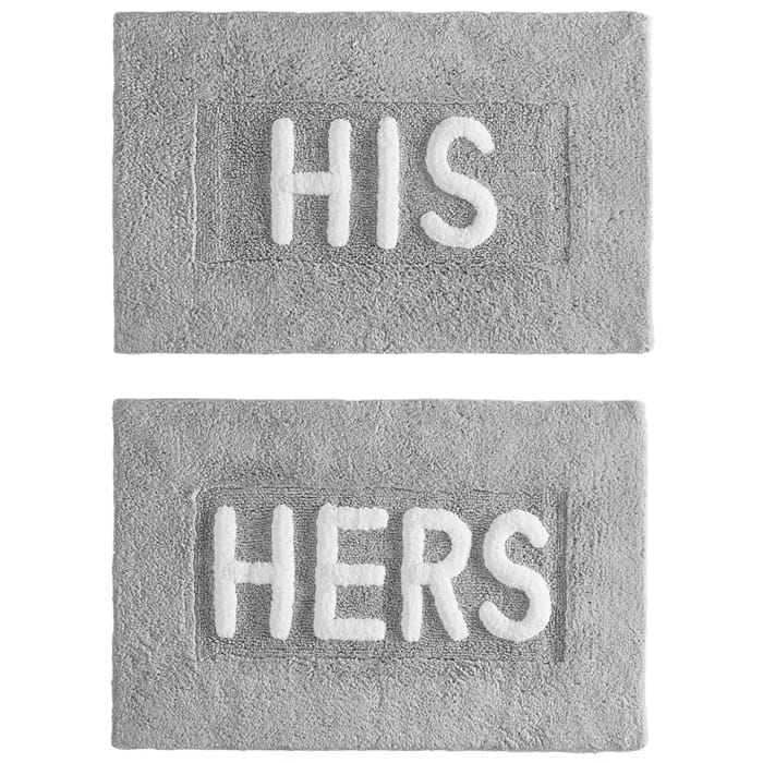 Gray cotton bath rug set with two pieces labeled \“HIS\“ and \“HERS\“ in white text.