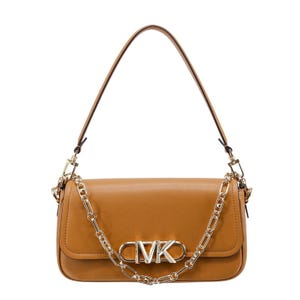Michael Kors Parker Leather Shoulder Bag features a tan leather body with a gold MK logo on the front and a decorative chain. It has a flap closure and a detachable shoulder strap.