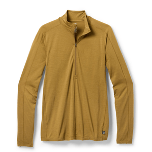 A mustard-colored long-sleeve quarter-zip pullover made from a smooth fabric, featuring a high collar and simple design.