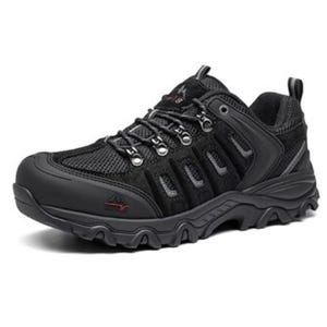 A rugged black hiking shoe with a durable sole, metal eyelets, and mesh panels for breathability.