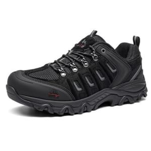 A rugged black hiking shoe with a durable sole, metal eyelets, and mesh panels for breathability.