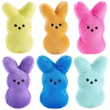 Set of six plush toys in the shape of Peeps bunnies, each featuring a different color: yellow, orange, pink, purple, blue, and light blue, with black eyes and nose detailing.