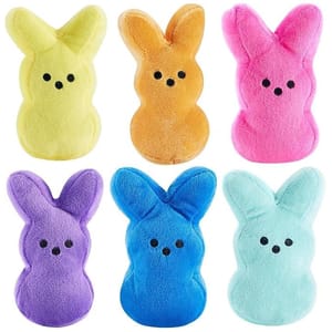 Set of six plush toys in the shape of Peeps bunnies, each featuring a different color: yellow, orange, pink, purple, blue, and light blue, with black eyes and nose detailing.