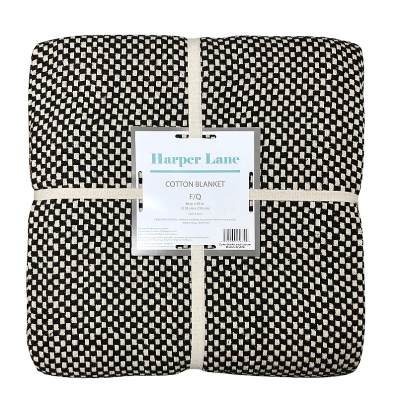 Harper Lane cotton blanket with a black and white checkered pattern, size F/Q (86 x 92 inches).