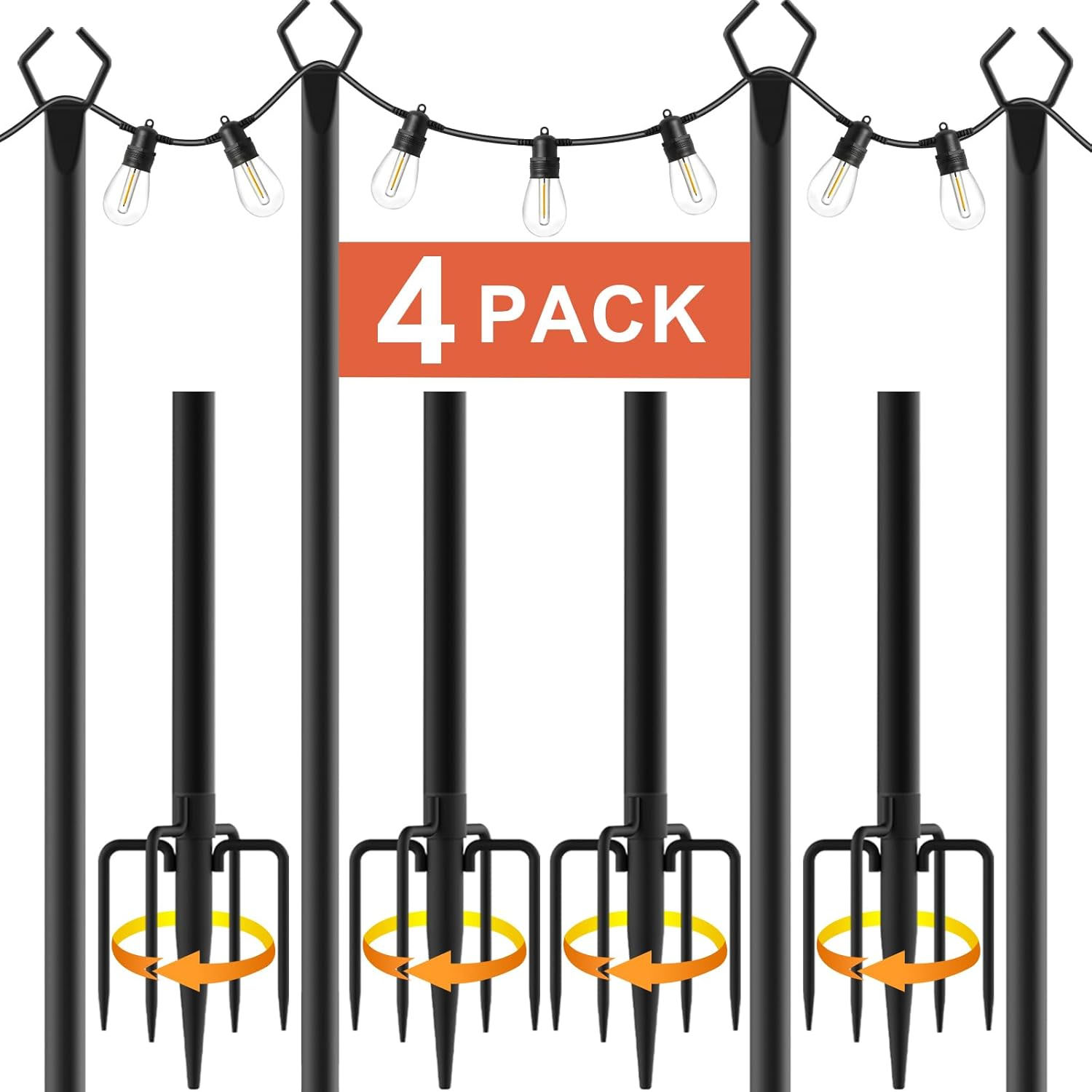 A 10' string light pole set with a four-pack of black poles featuring hooks for stringing lights and ground spikes for stability. The set includes illustrations indicating an easy twist installation.
