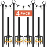A 10' string light pole set with a four-pack of black poles featuring hooks for stringing lights and ground spikes for stability. The set includes illustrations indicating an easy twist installation.