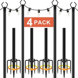 A 10' string light pole set with a four-pack of black poles featuring hooks for stringing lights and ground spikes for stability. The set includes illustrations indicating an easy twist installation.