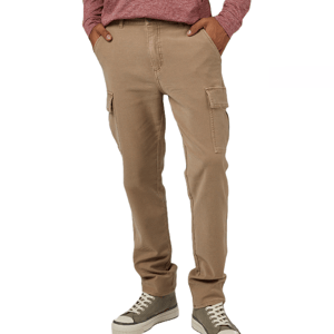 Tan cargo pants with side flap pockets, designed for a casual look. They're paired with a maroon long-sleeve shirt and gray sneakers.