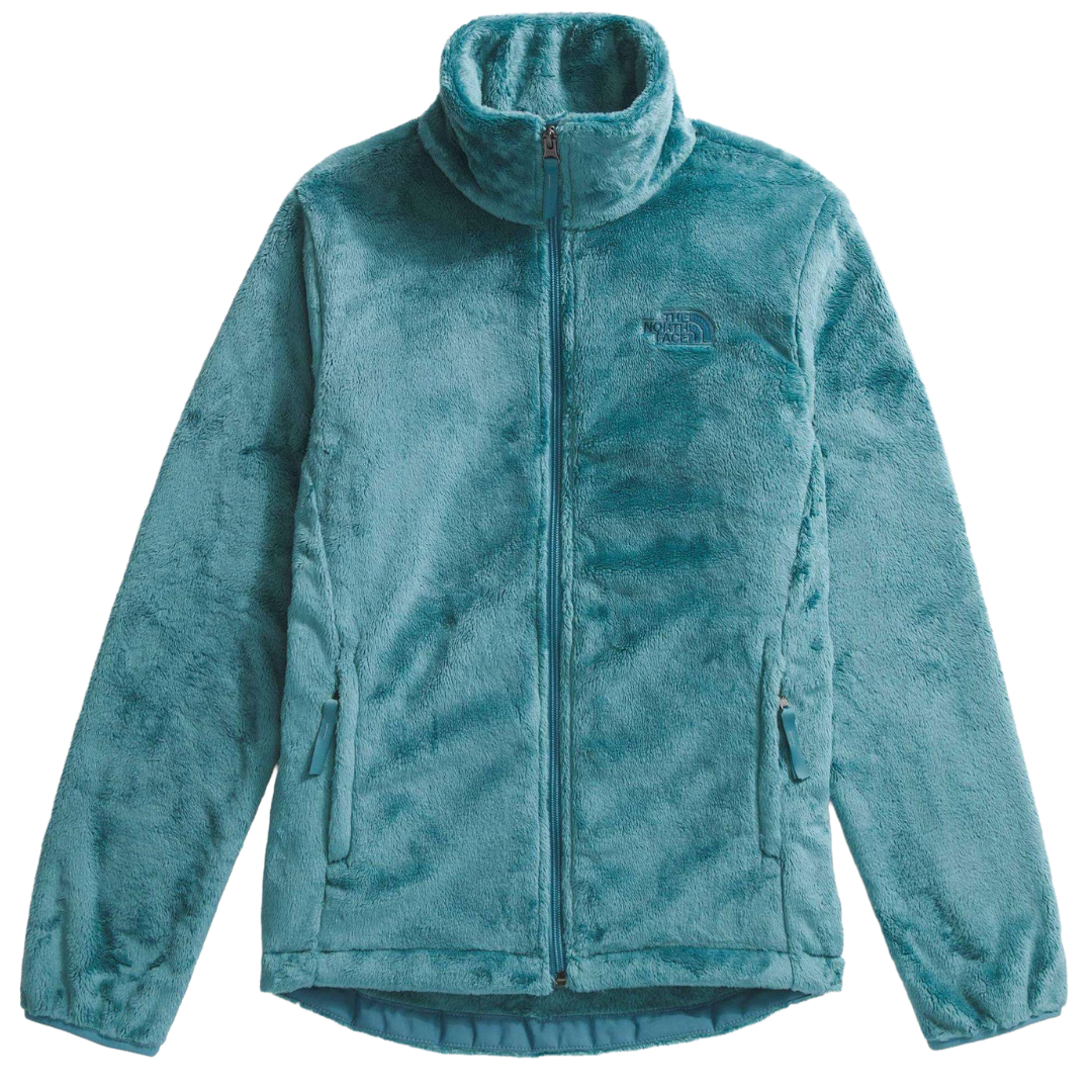 A teal North Face fleece jacket with a high collar, full front zipper, and zippered side pockets.