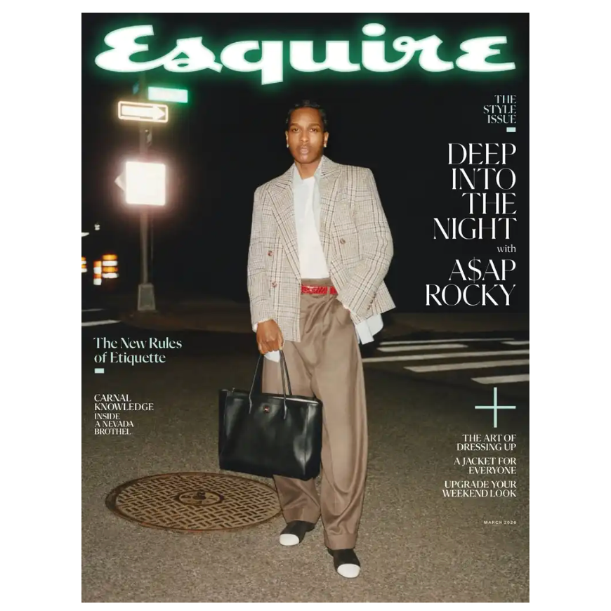 Asap Rocky is featured on the cover of Esquire magazine's Style Issue, wearing a plaid blazer, white shirt, and brown trousers, holding a black tote bag.