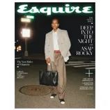 Asap Rocky is featured on the cover of Esquire magazine's Style Issue, wearing a plaid blazer, white shirt, and brown trousers, holding a black tote bag.