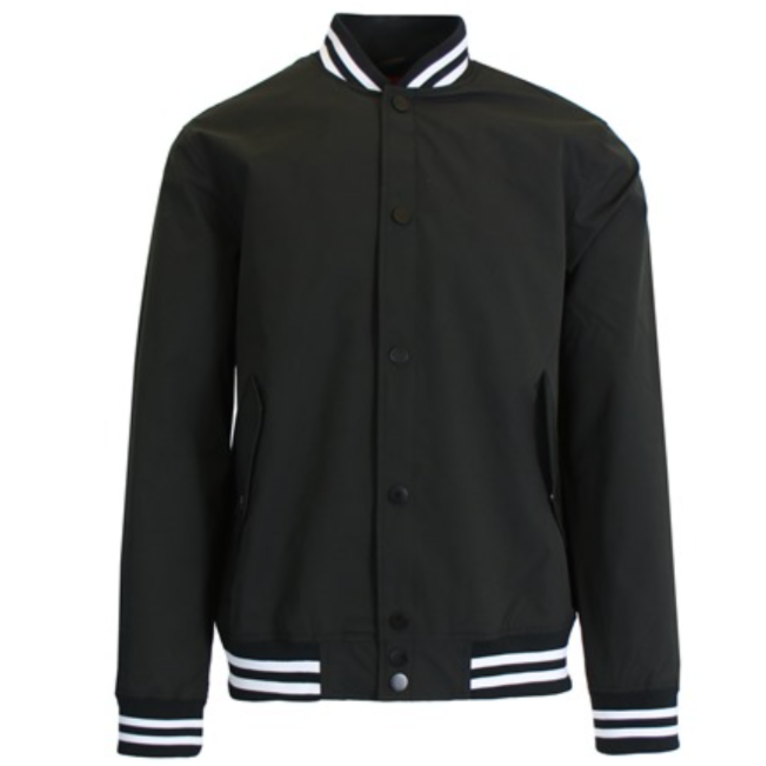 Black men's varsity jacket with white stripes on the collar and hem, button-up front, and side pockets.