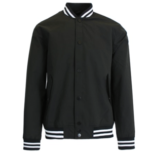 Black men's varsity jacket with white stripes on the collar and hem, button-up front, and side pockets.