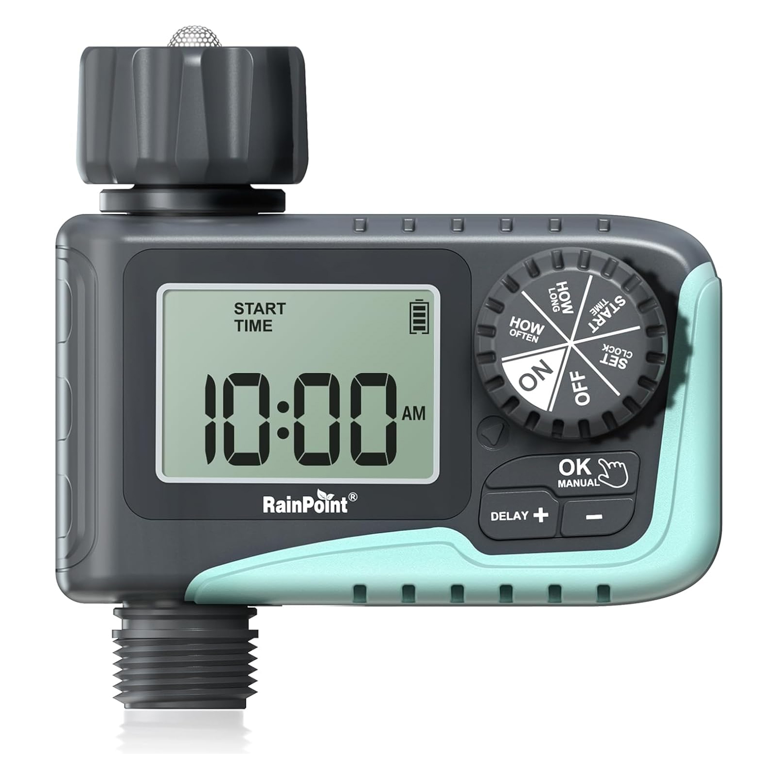 Digital irrigation timer with a large LCD screen, dial, and buttons for programming watering schedules.