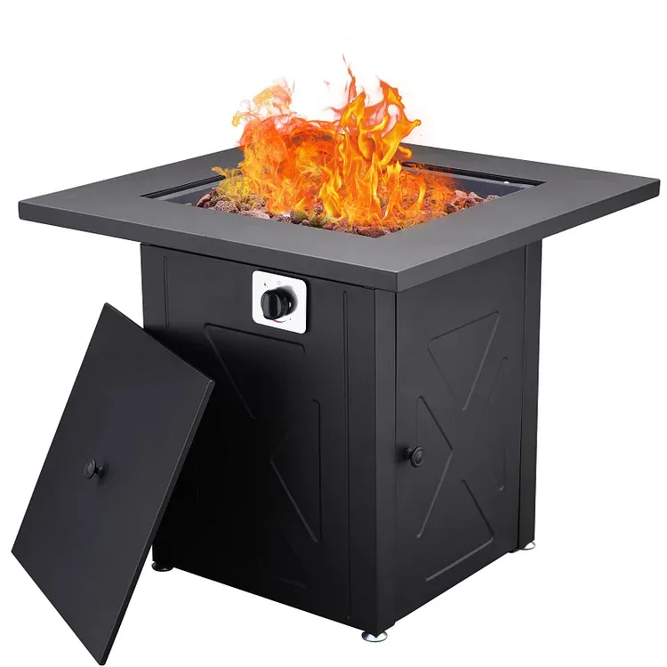 A square-shaped fire pit table with a visible flame in the center, black finish, and a control knob on the side for adjusting the fire.