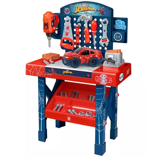 Spider-Man Tool Bench Playset features a workshop table with Spider-Man-themed graphics, tools like a drill and screwdrivers, and a toy car for assembly, emphasizing creative play.
