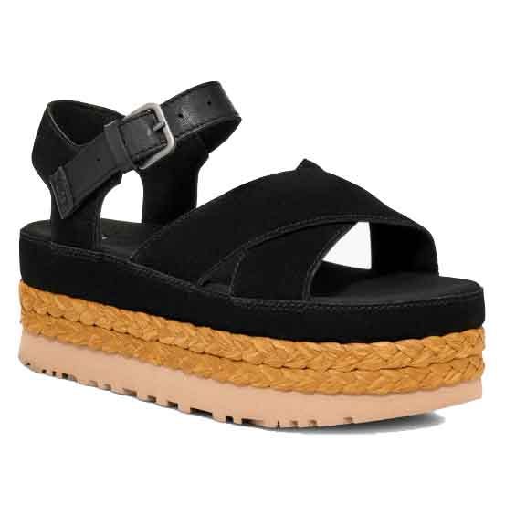 Black platform sandal with a braided straw midsole, cross straps, and an adjustable ankle buckle.