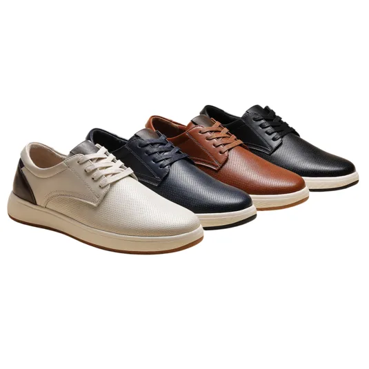 Four pairs of perforated lace-up shoes in beige, navy, brown, and black, each with contrasting soles, are displayed.