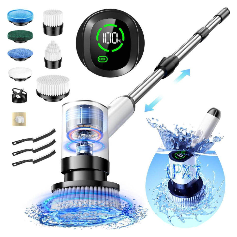 Electric spin scrubber with various brush attachments, telescopic handle, and waterproof IPX7 rating. Includes battery level display and charging cable.