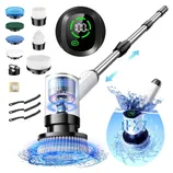 Electric spin scrubber with various brush attachments, telescopic handle, and waterproof IPX7 rating. Includes battery level display and charging cable.
