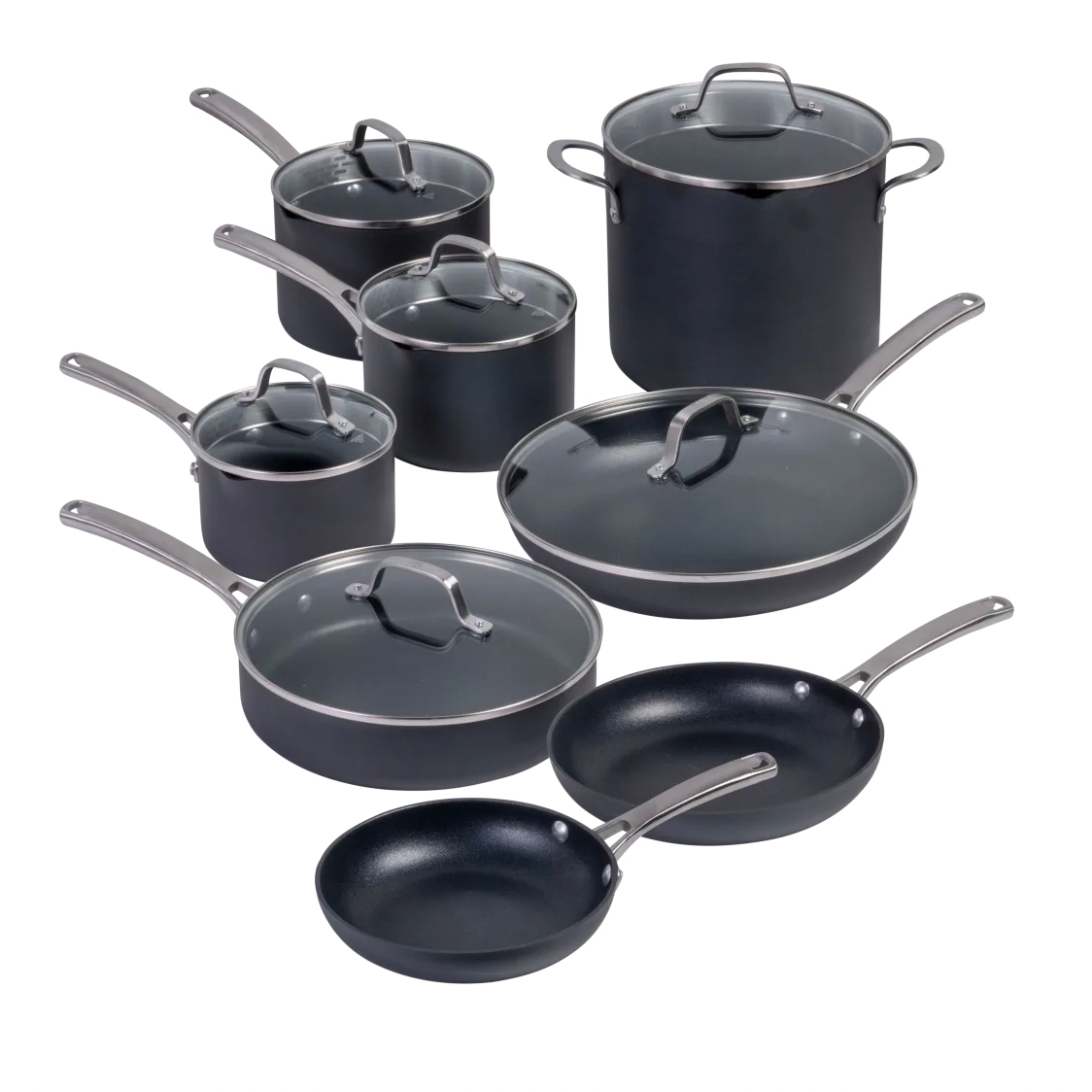 14-piece Calphalon cookware set includes saucepans, a stockpot, a sauté pan, and frying pans with tempered glass lids. Nonstick, hard-anodized construction with stainless steel handles.