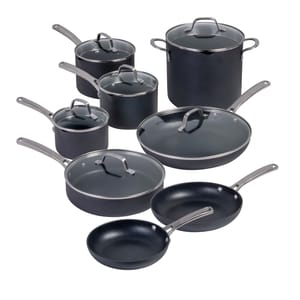 14-piece Calphalon cookware set includes saucepans, a stockpot, a sauté pan, and frying pans with tempered glass lids. Nonstick, hard-anodized construction with stainless steel handles.