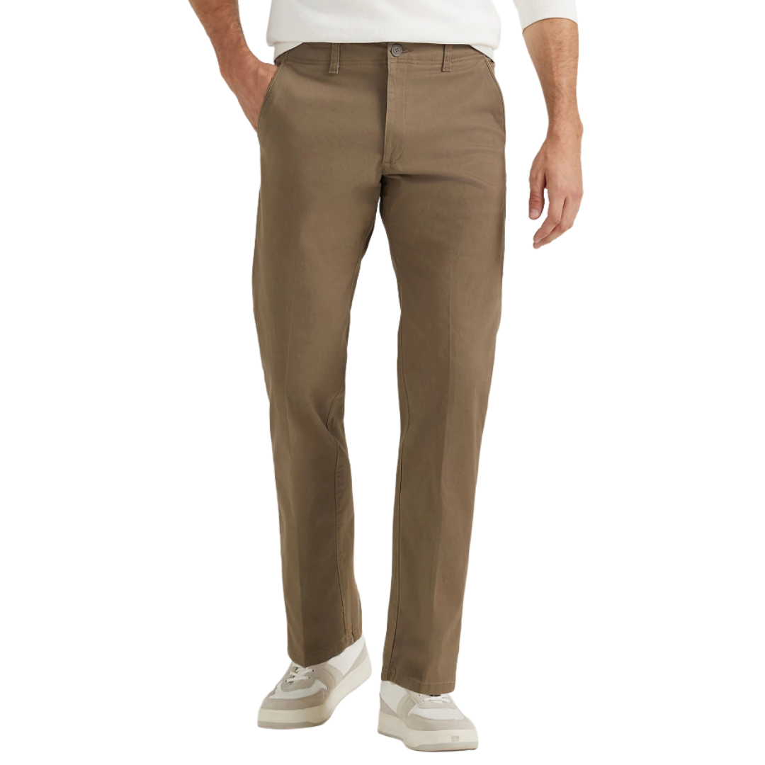 A person is wearing brown chinos paired with white sneakers and a white shirt.