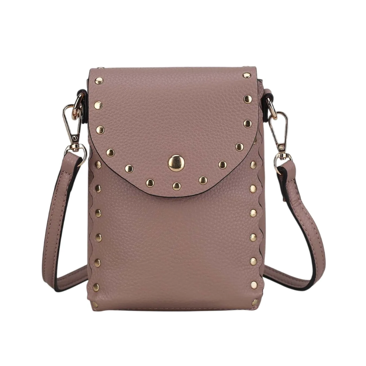 A small, mauve leather crossbody bag with a flap closure, featuring gold stud accents and a detachable strap.