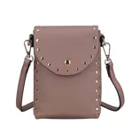 A small, mauve leather crossbody bag with a flap closure, featuring gold stud accents and a detachable strap.
