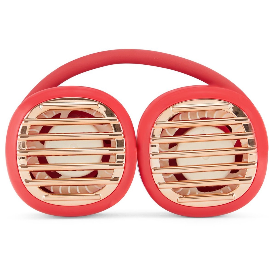 Dual red and gold portable neck fan with horizontal vent slats and flexible band for hands-free cooling.