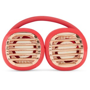 Dual red and gold portable neck fan with horizontal vent slats and flexible band for hands-free cooling.
