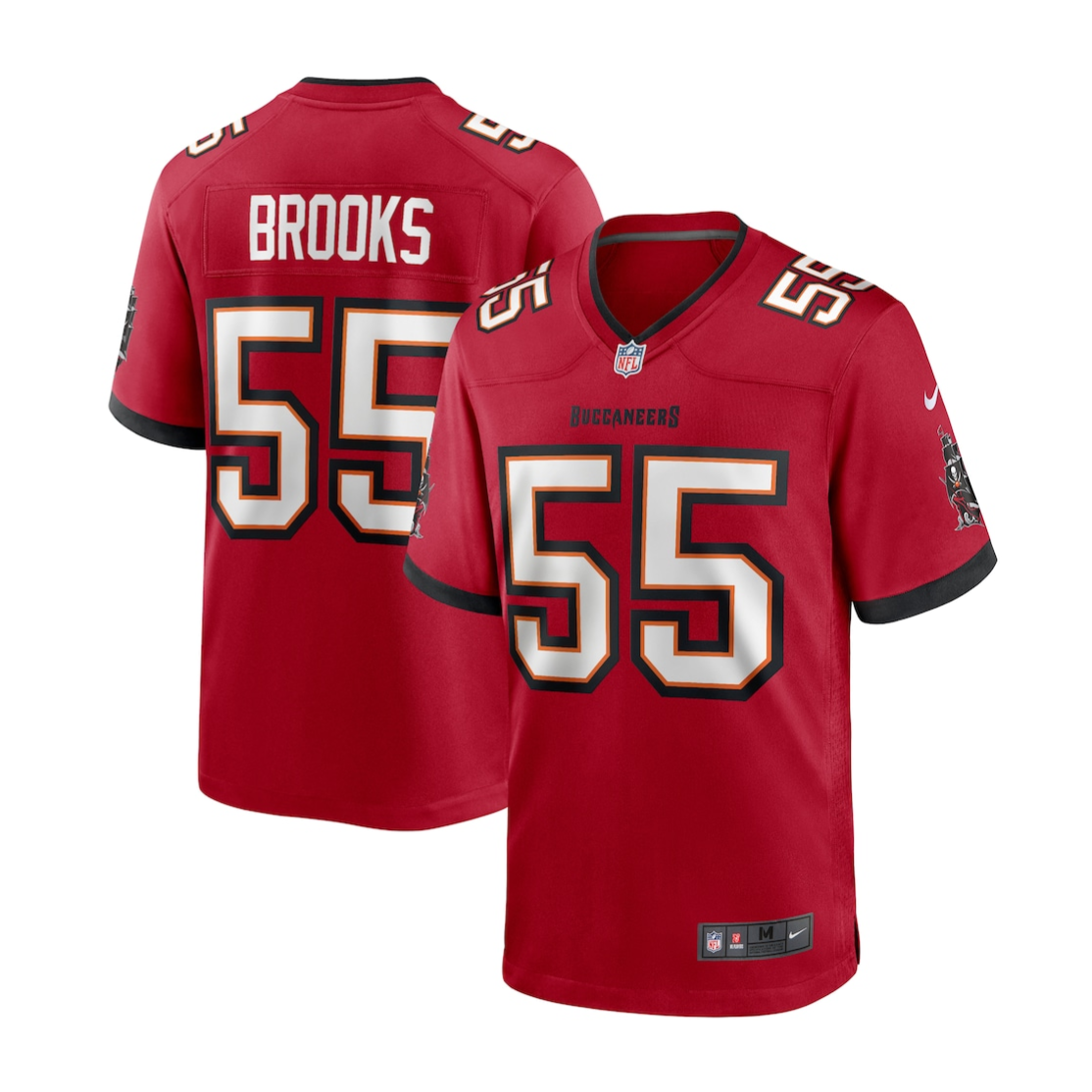 Red Tampa Bay Buccaneers jersey with \“Brooks\“ and number 55, featuring Nike and NFL logos, and black accents on sleeves.