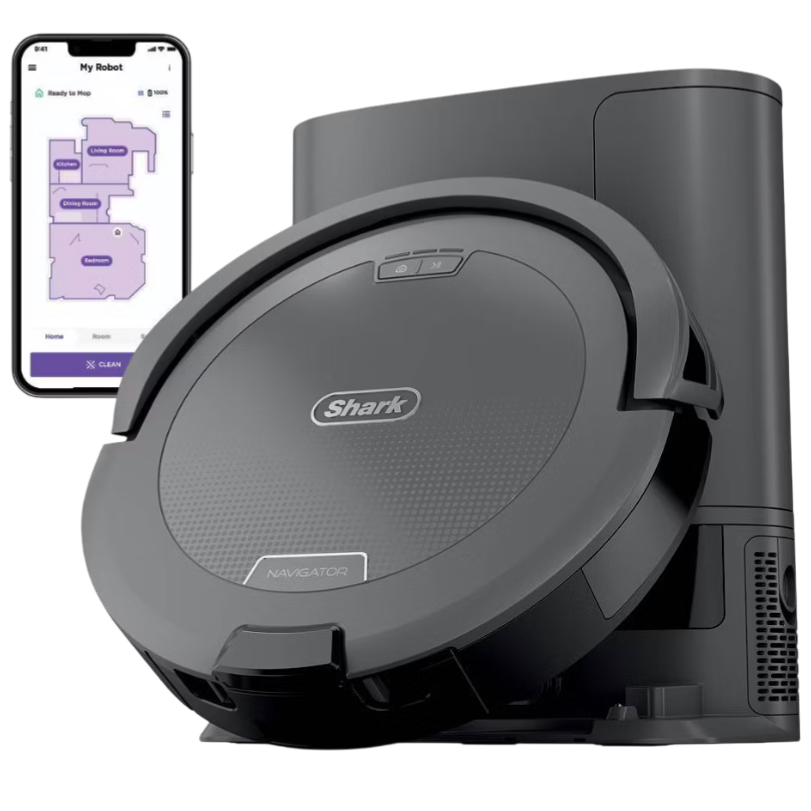Shark Navigator robot vacuum with a self-emptying base is shown alongside a smartphone displaying a home mapping app interface.