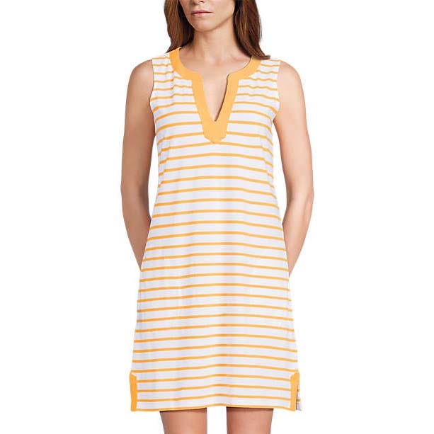Sleeveless dress with orange and white horizontal stripes, featuring a V-neckline and orange trim at the hem corners.