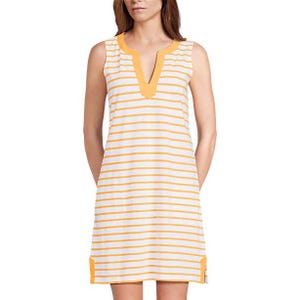 Sleeveless dress with orange and white horizontal stripes, featuring a V-neckline and orange trim at the hem corners.