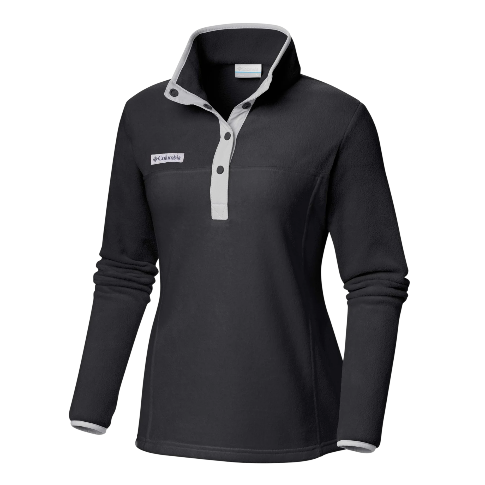 Black Columbia women's pullover fleece with a grey buttoned placket and collar. The fleece features long sleeves and a subtle logo on the chest.