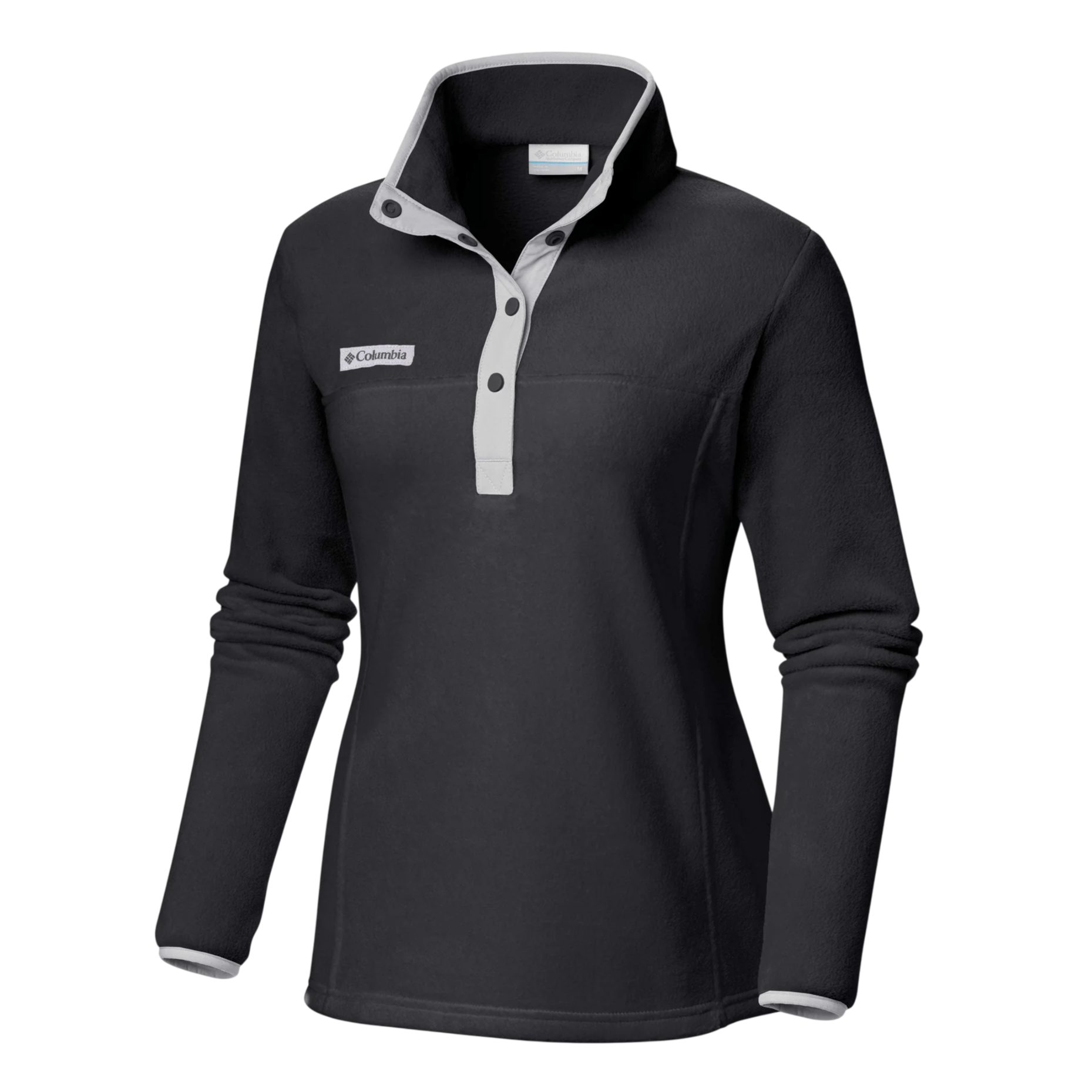 Black Columbia women's pullover fleece with a grey buttoned placket and collar. The fleece features long sleeves and a subtle logo on the chest.