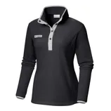 Black Columbia women's pullover fleece with a grey buttoned placket and collar. The fleece features long sleeves and a subtle logo on the chest.