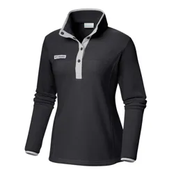 Black Columbia women's pullover fleece with a grey buttoned placket and collar. The fleece features long sleeves and a subtle logo on the chest.