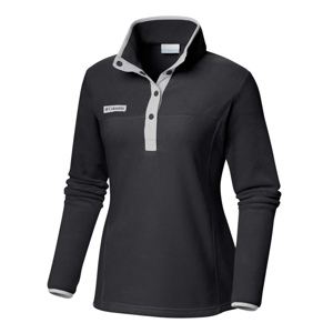 Black Columbia women's pullover fleece with a grey buttoned placket and collar. The fleece features long sleeves and a subtle logo on the chest.