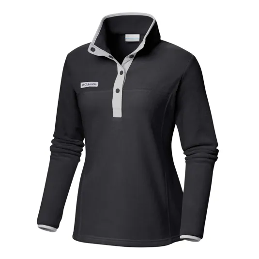 Black Columbia women's pullover fleece with a grey buttoned placket and collar. The fleece features long sleeves and a subtle logo on the chest.