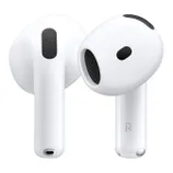 White, wireless in-ear earbuds with a short stem and black speaker grilles, featuring Active Noise Cancellation (ANC). The design is sleek and compact, typical of Apple AirPods.