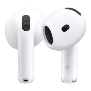 White, wireless in-ear earbuds with a short stem and black speaker grilles, featuring Active Noise Cancellation (ANC). The design is sleek and compact, typical of Apple AirPods.