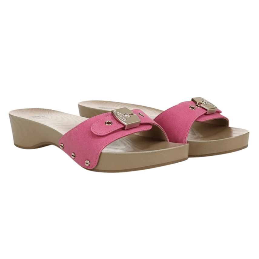 Women's pink slide sandals with a beige wedge heel and metallic buckle detail.