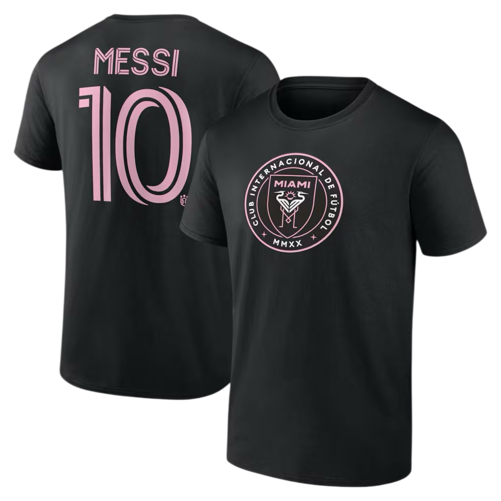Black and pink t-shirt featuring \“MESSI 10\“ on the back and Inter Miami CF logo on the front.