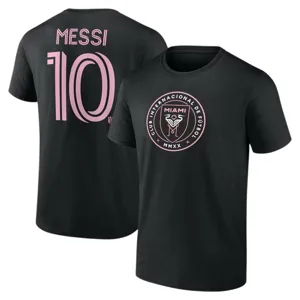Black and pink t-shirt featuring \“MESSI 10\“ on the back and Inter Miami CF logo on the front.