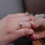 A hand wearing a diamond solitaire ring on the ring finger.