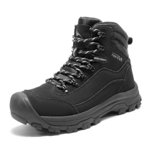 Black hiking boot with a rugged sole and reinforced toe, featuring durable laces and a high ankle design for support.