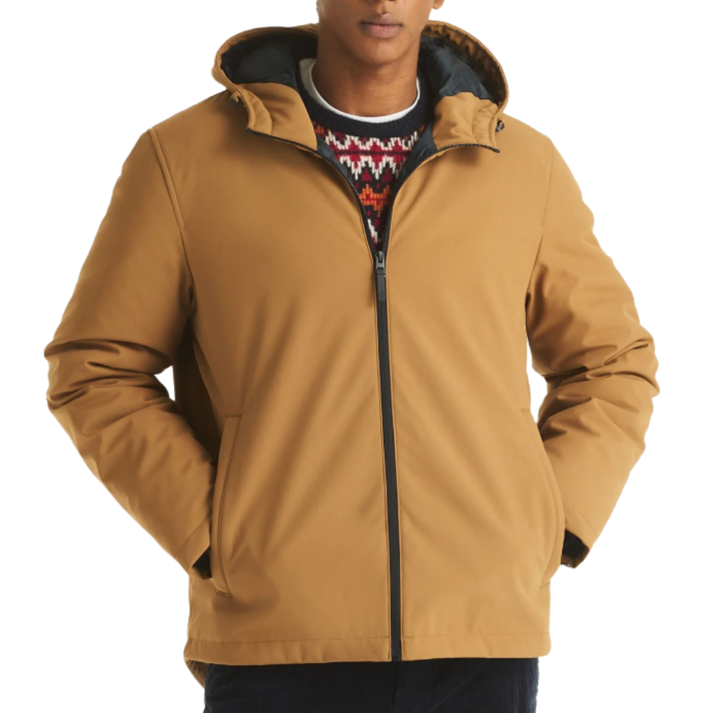 A tan hooded jacket with a front zipper, worn over a patterned knit sweater.